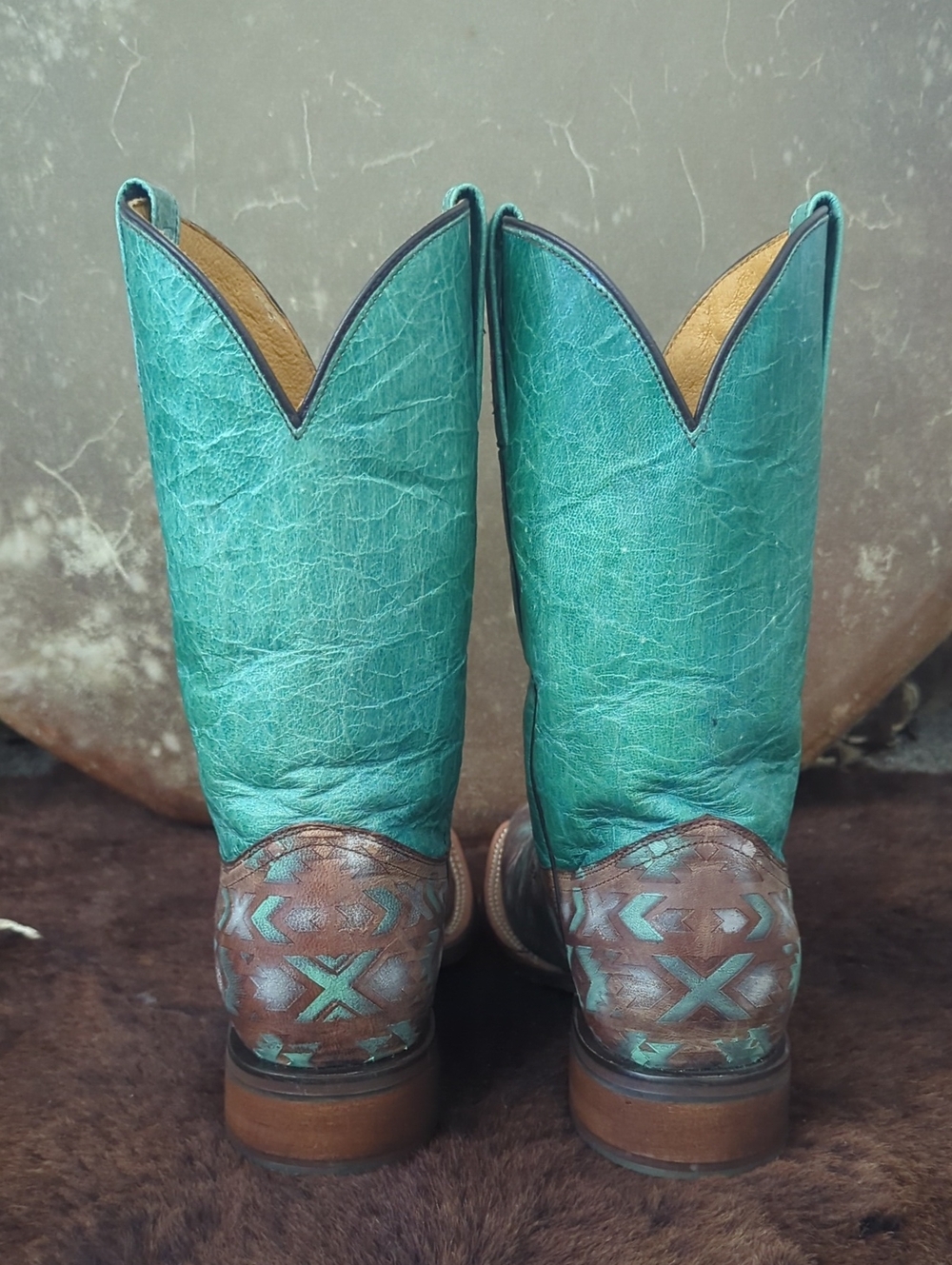 TIN HAUL "Painted Warrior" teal green/blue & brown Aztec square toe boots sz 9.5 - Picture 5 of 16